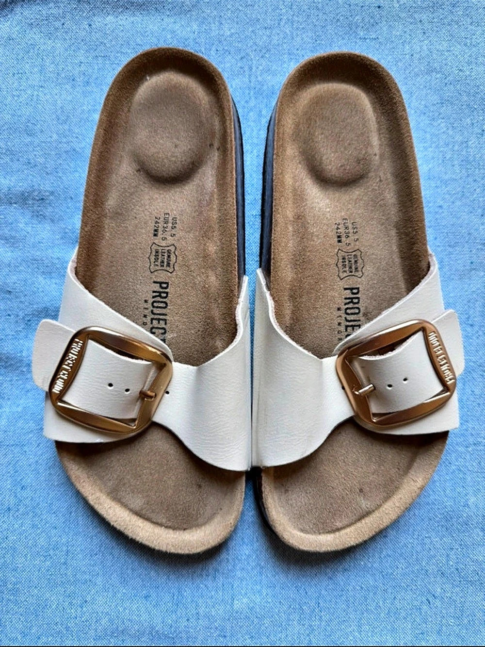 EUC Wide Strap Large Gold Buckle Sandals